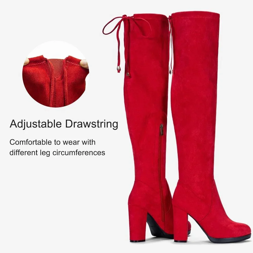 Women's Red-imitation Suede Thigh High Over The Knee Rounded Toe Tall Long Boot